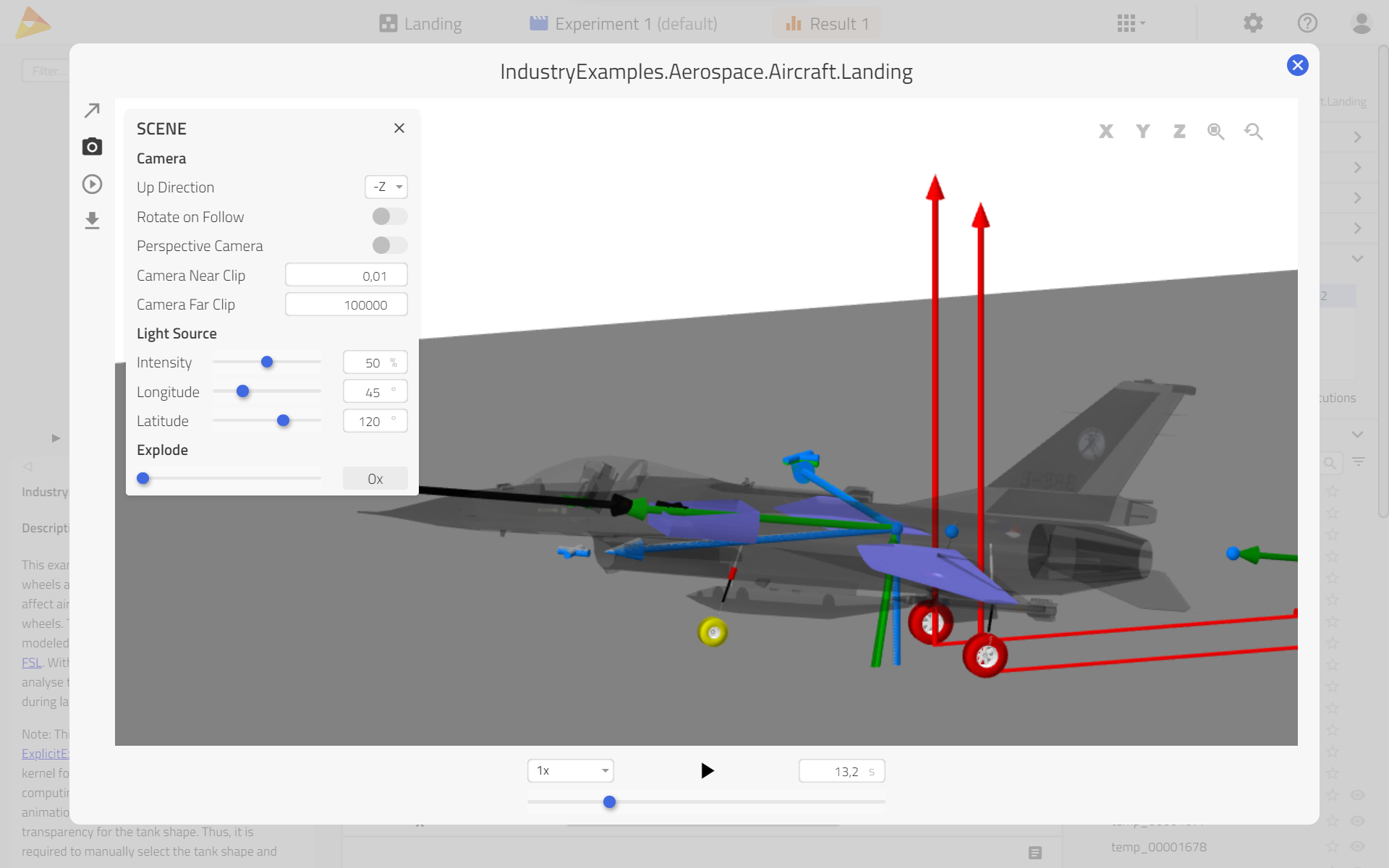Examining behavior in fuel tanks during landing in 3D view.